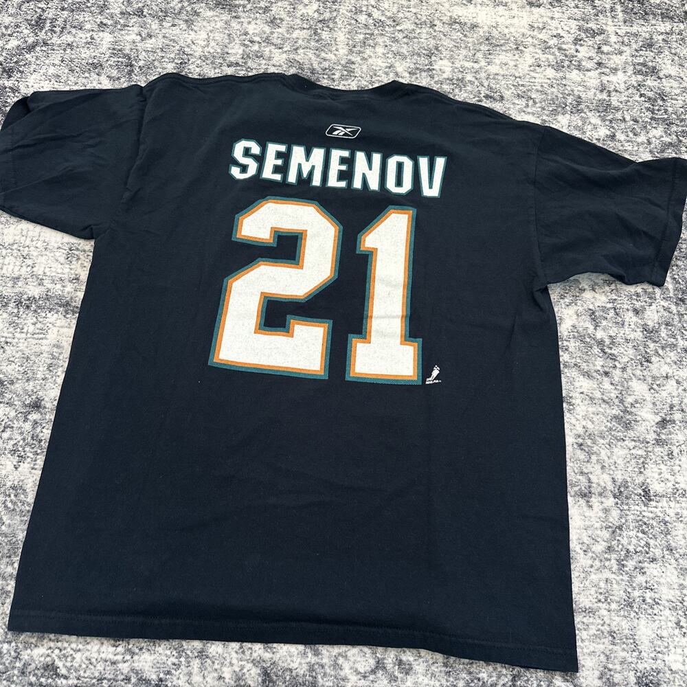 Vintage San Jose Sharks Semenov Men's Shirt Reebok Black Size Large NHL Hockety